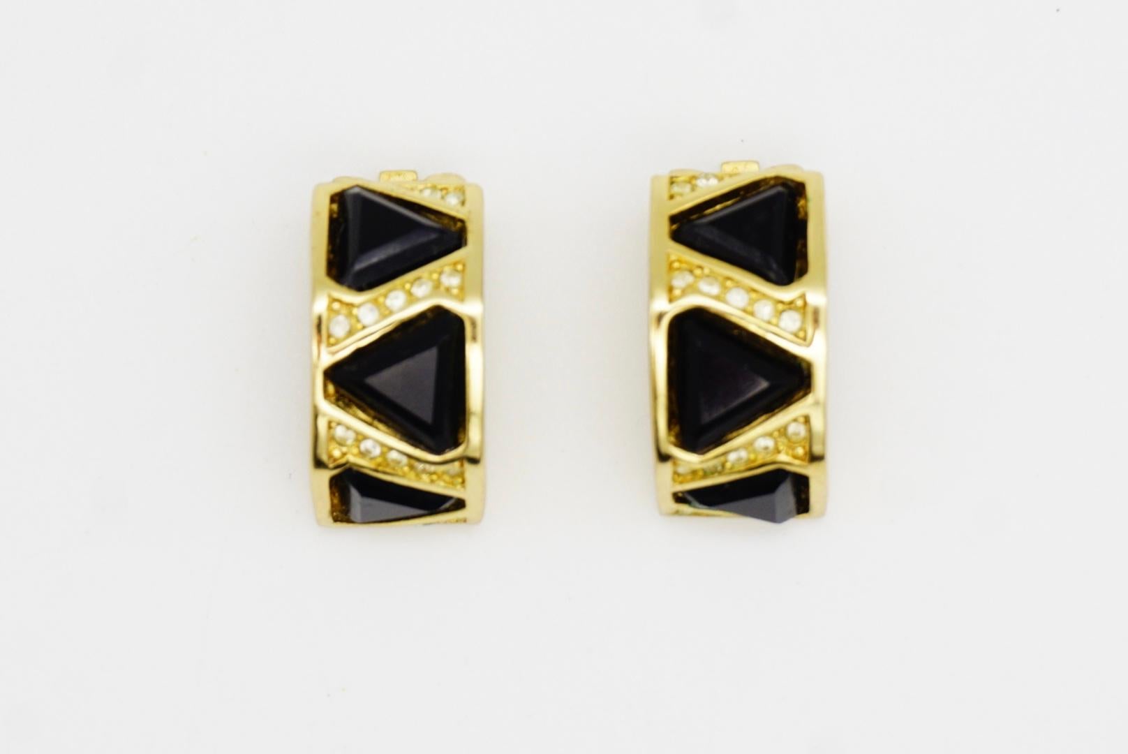 Christian Dior Vintage Trio Black Triangle Crystal Half Dome Hoop Clip Earrings For Sale 4