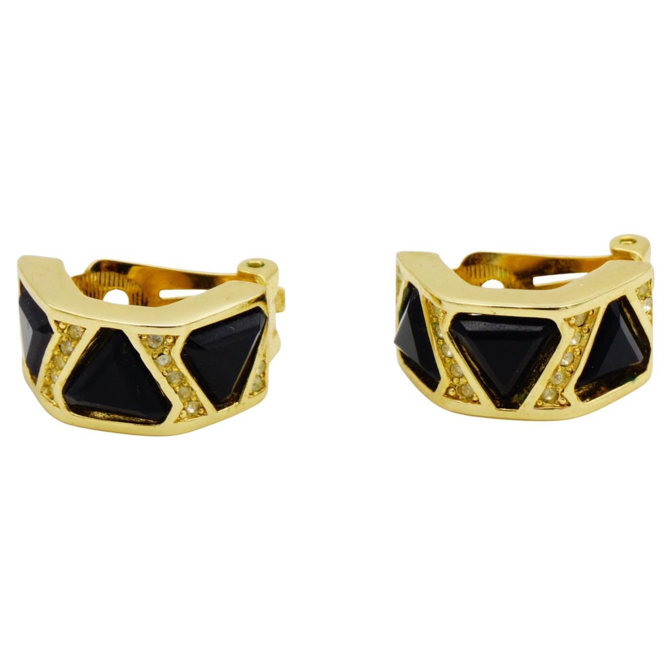 Christian Dior Vintage Trio Black Triangle Crystal Half Dome Hoop Clip Earrings For Sale