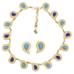 Christian Dior Vintage Turquoise Lapis Blue Peacock Eye Paisley Crystals 2 Set