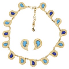 Christian Dior Vintage Turquoise Lapis Blue Peacock Eye Paisley Crystals 2 Set
