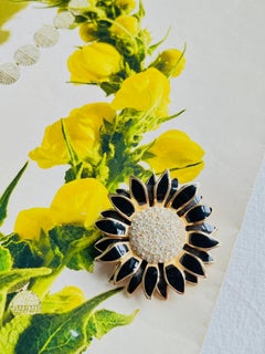Christian Dior Vintage Unisex Black Petal Sunflower Crystals Statement Brooch