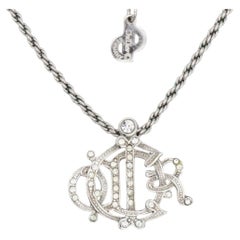 Collana Christian Dior Vintage unisex con cristalli, logo argentato e Monogram