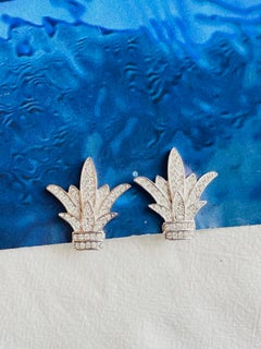 Christian Dior Vintage Unisex Fleur De Lis Lily Leaf Crystals Silver Earrings