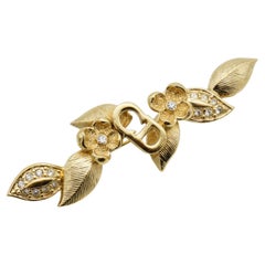 Christian Dior Vintage Unisex Gold Flower Leaf Crystals Elegant Brooch