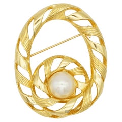 Christian Dior Vintage Unisex Gold Large White Pearl Round Swirl Chunky Brooch