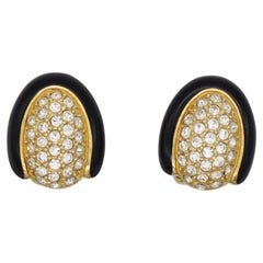 Christian Dior Vintage Unisex Gold Oval Whole Crystals Black Enamel Earrings