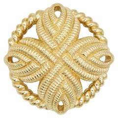 Spilla Christian Dior Vintage unisex con croce rotonda in oro traforata, trifoglio e fiocco intrecciato