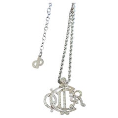 Christian Dior Vintage Unisex Iconic Crystals Silver Insignia Monogram Necklace