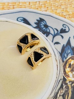 Christian Dior Vintage Unisex Iconic Gold Black Triangle Hoop Domed Earrings