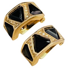Christian Dior Vintage Unisex Iconic Gold Black Triangle Hoop Domed Earrings