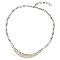 Christian Dior Vintage Unisex Long Crystals Crescent Silver Pendant Necklace