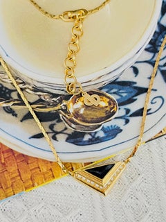 Christian Dior Vintage Unisex Rare Gold Black Enamel Triangle Pendant Necklace