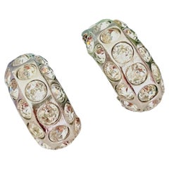 Christian Dior Vintage Unisex Rare Silver Large Crystals Hoop Domed Earrings