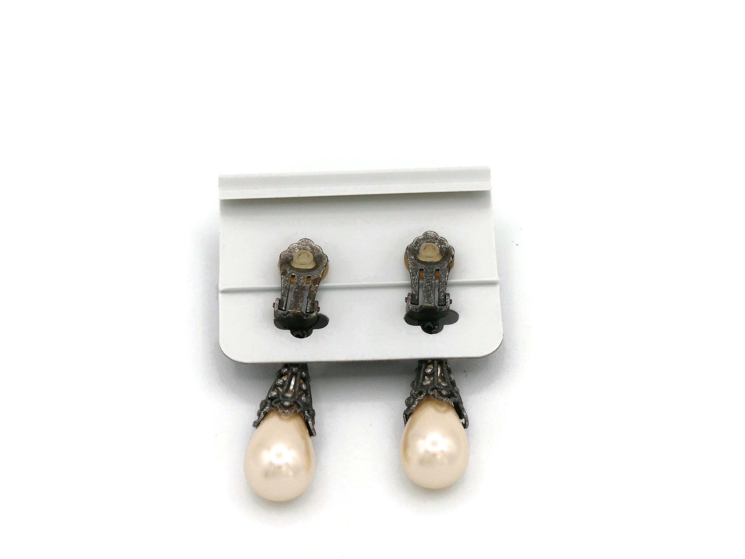 CHRISTIAN DIOR Vintage Victorian Insipred Faux Pearl Dangling Earrings For Sale 3