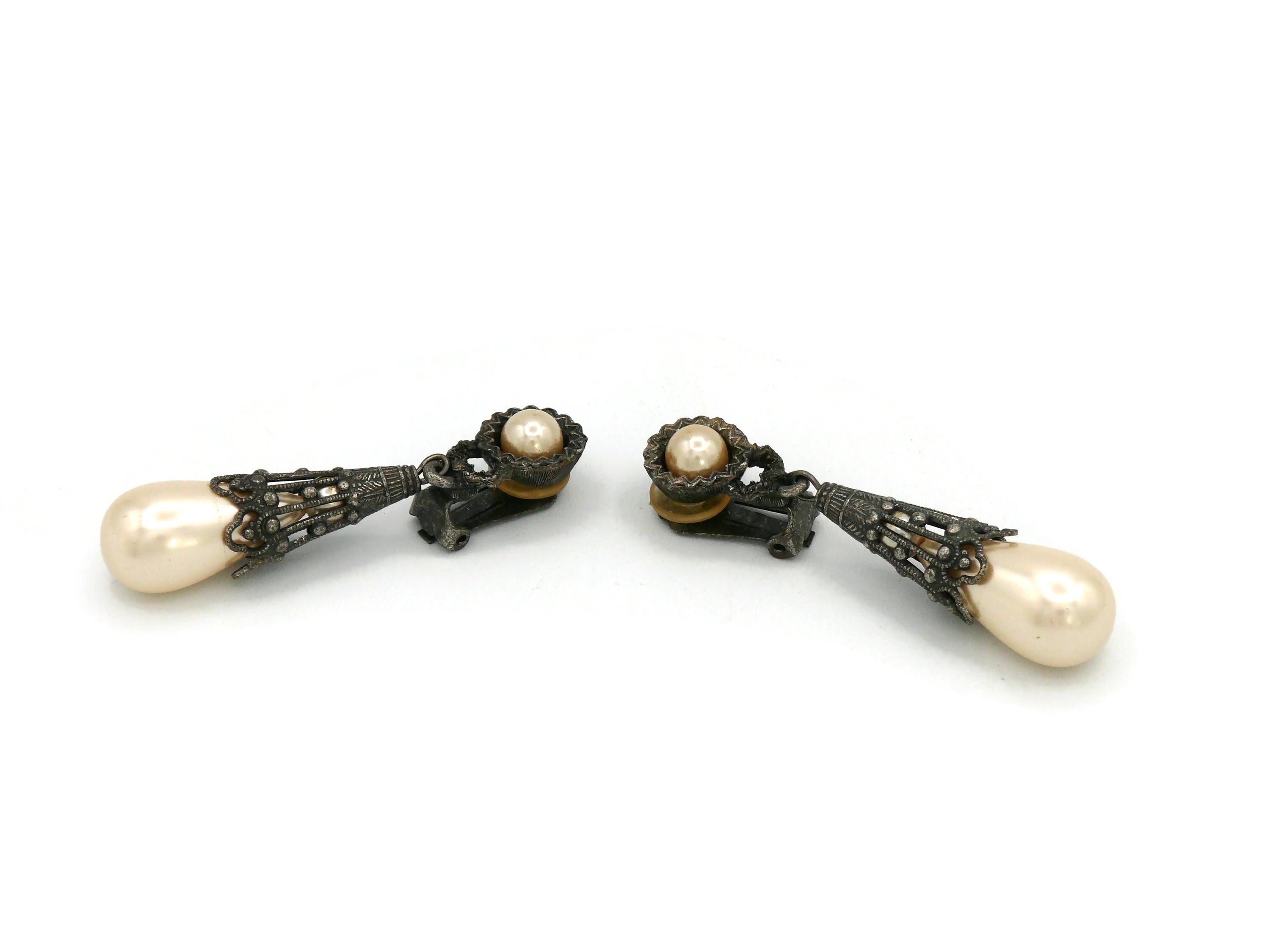 CHRISTIAN DIOR Vintage Victorian Insipred Faux Pearl Dangling Earrings For Sale 1