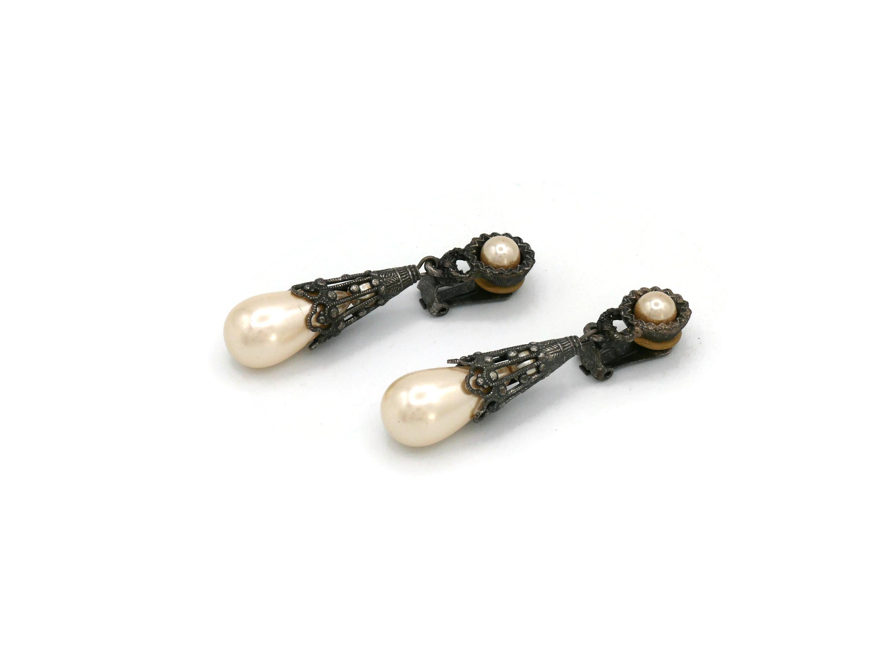 CHRISTIAN DIOR Vintage Victorian Insipred Faux Pearl Dangling Earrings For Sale 2