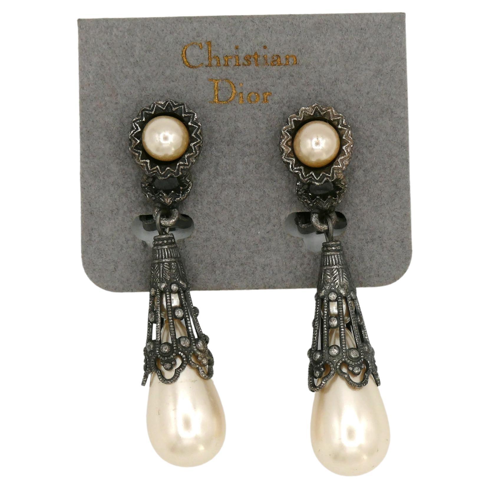 CHRISTIAN DIOR Vintage Victorian Insipred Faux Pearl Dangling Earrings For Sale