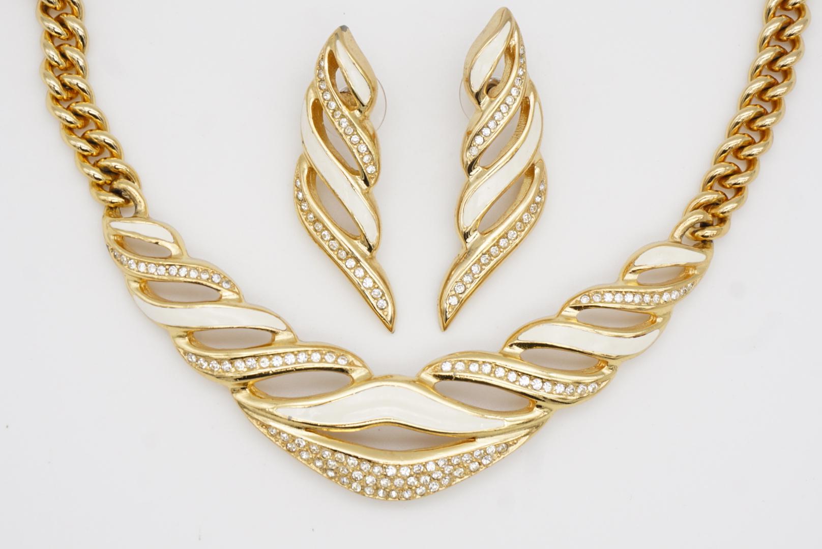 Christian Dior Vintage Weiße Kristalle durchbrochene, klobige Gold-Halskette-Ohrringe mit Kristallen im Angebot 7