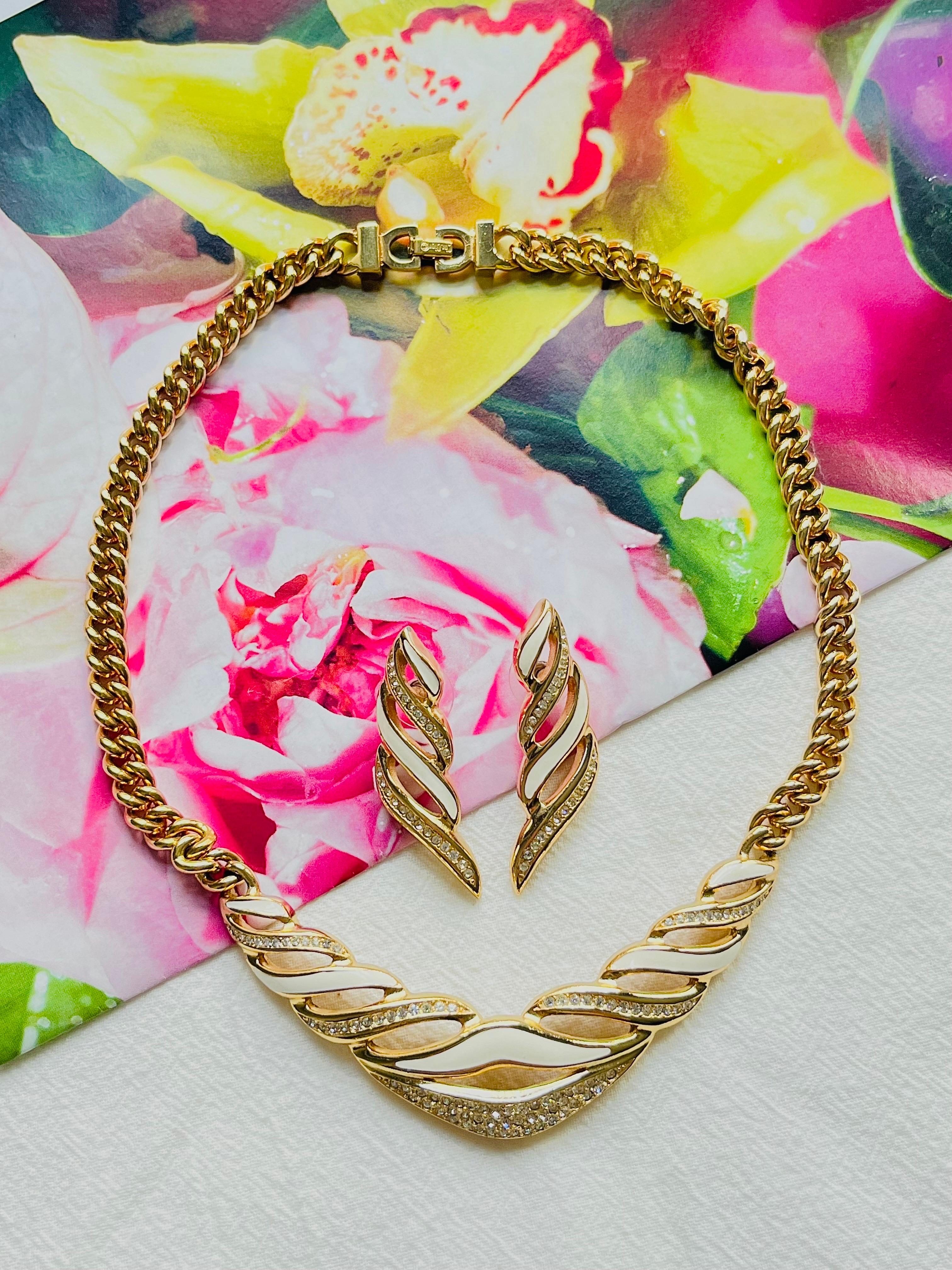 Christian Dior Vintage Weiße Kristalle durchbrochene, klobige Gold-Halskette-Ohrringe mit Kristallen (Barock) im Angebot