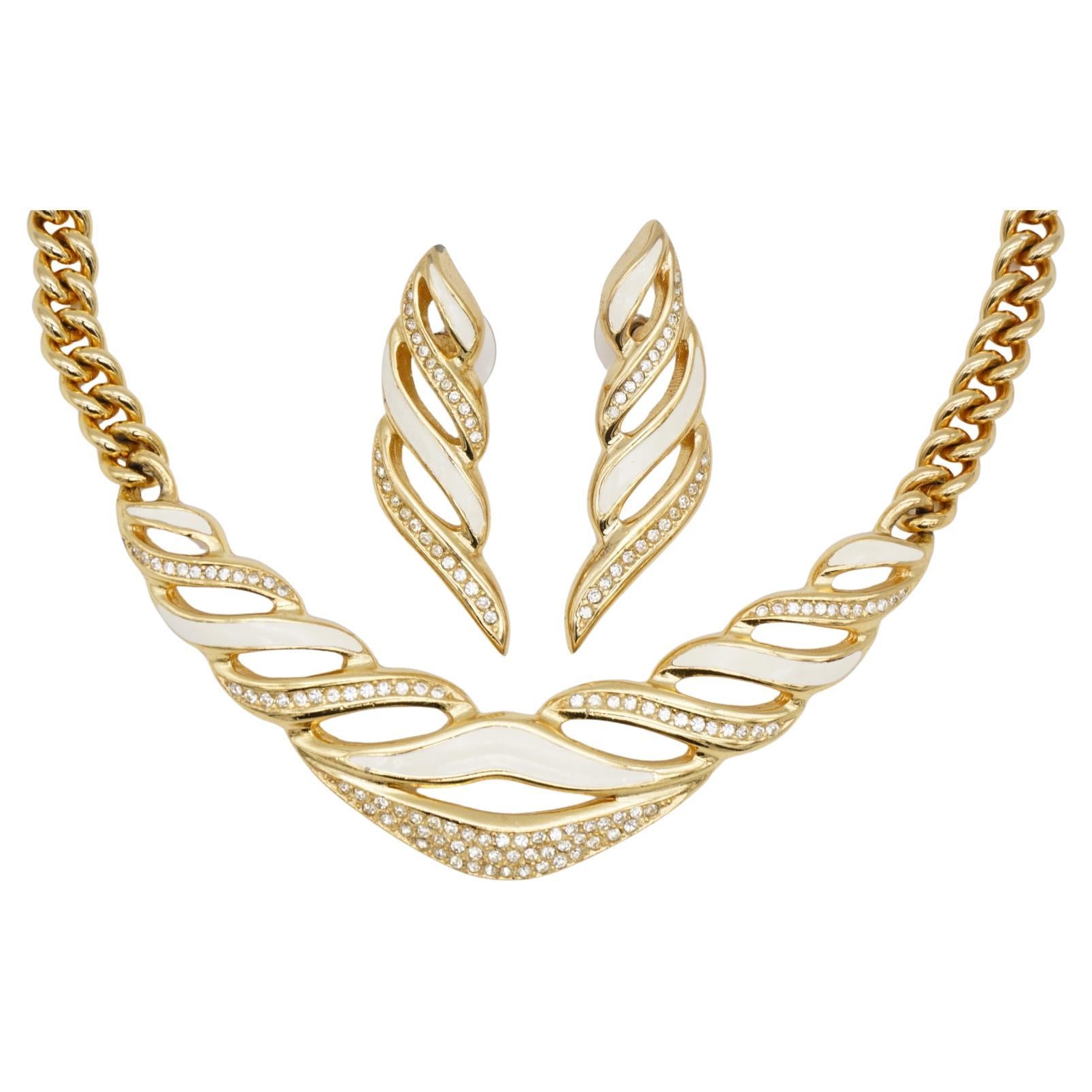 Christian Dior Vintage White Crystals Openwork Chunky Set Gold Necklace Earrings