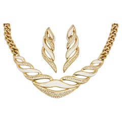Christian Dior Vintage White Crystals Openwork Chunky Set Gold Necklace Earrings