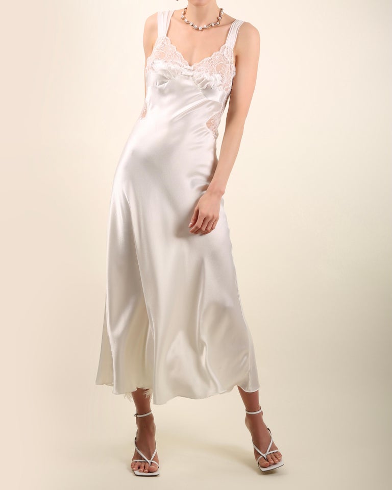 Christian Dior vintage white ivory satin lace nightgown slip robe midi dress