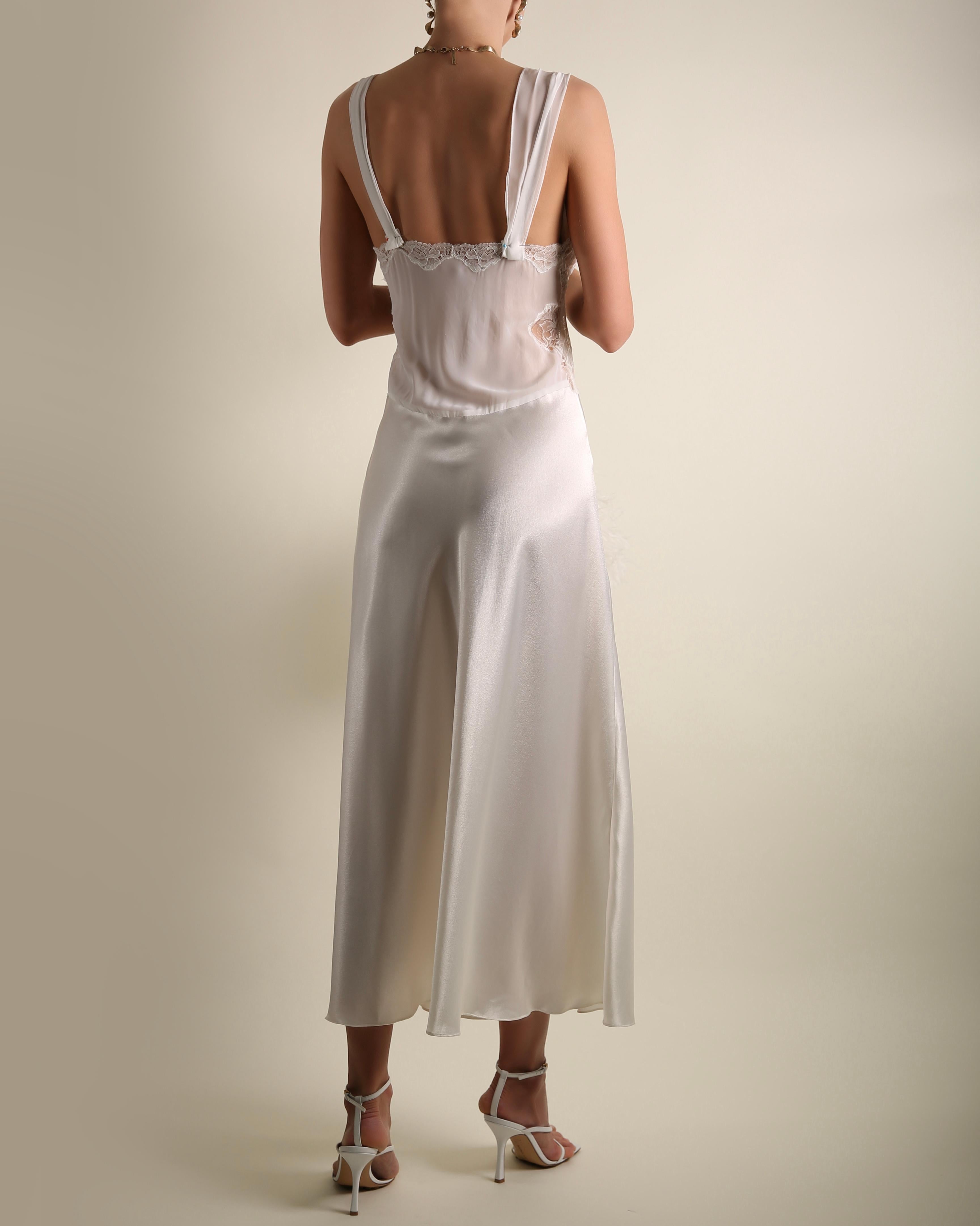 White Christian Dior vintage white ivory satin lace nightgown slip robe midi dress