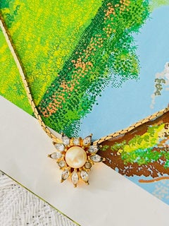 Christian Dior Vintage White Pearl Crystals Flower Round Marquise Gold Necklace