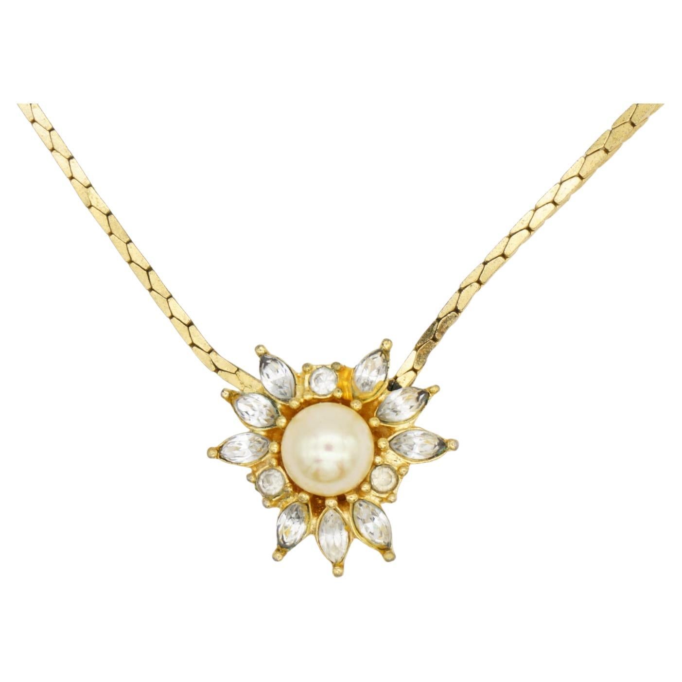 Christian Dior Vintage White Pearl Crystals Flower Round Marquise Gold Necklace