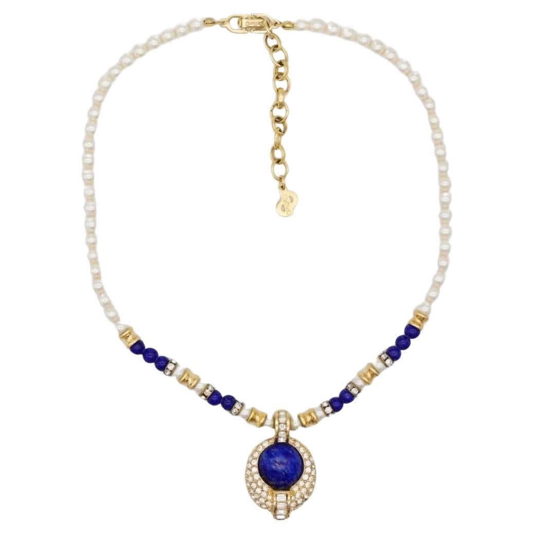 Christian Dior Collana vintage con perle bianche, cristalli di lamina di lapis e perline cabochon