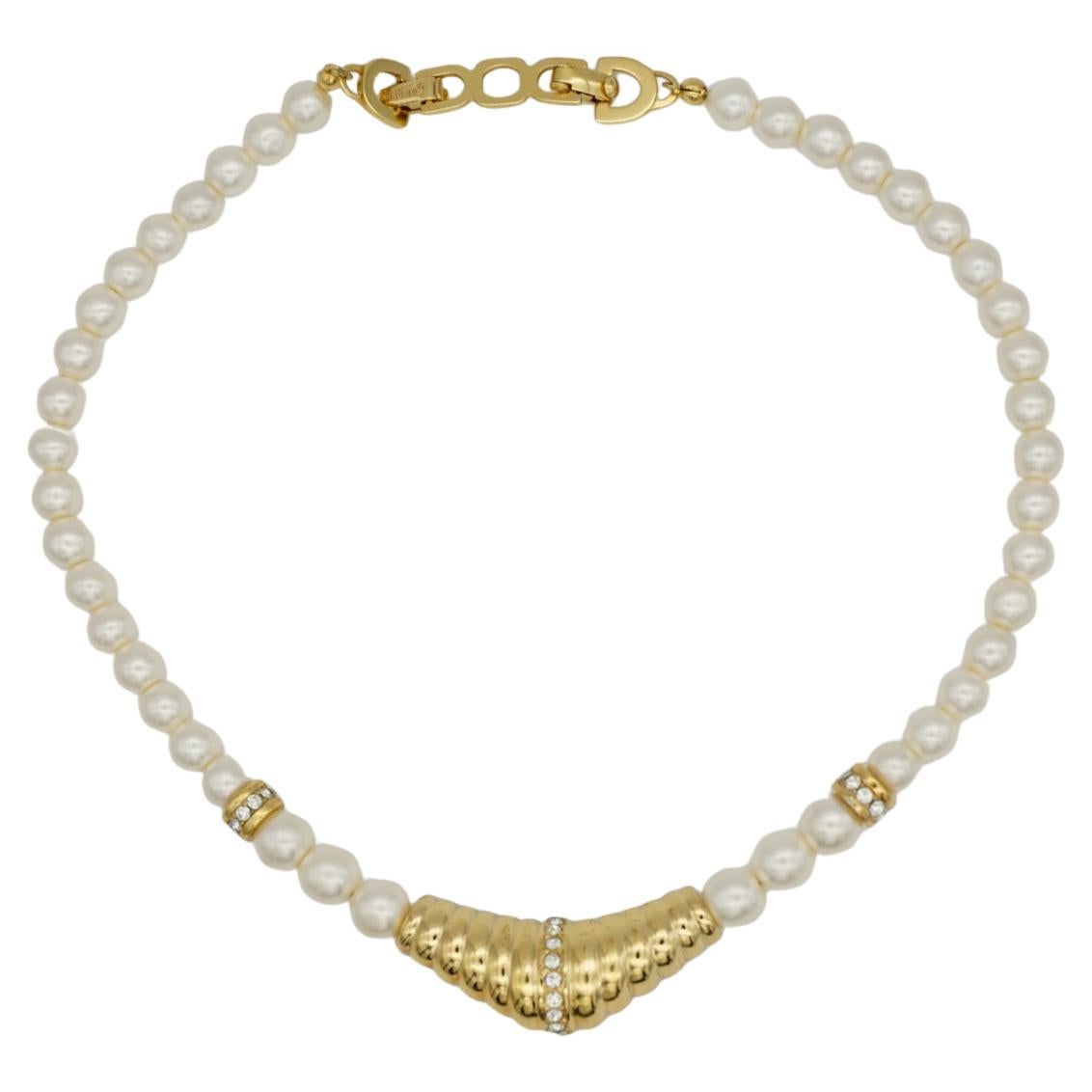 Christian Dior Vintage White Pearls Round Beads Triangle Crystals Gold Necklace