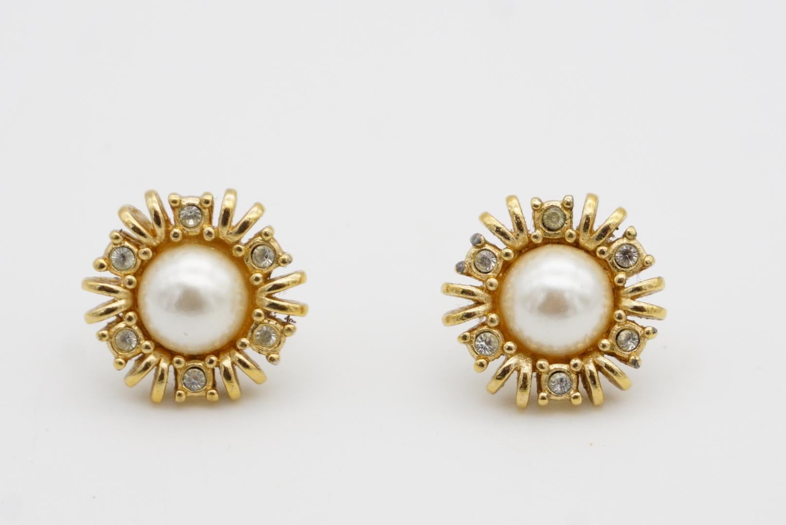 Christian Dior Vintage White Round Pearl Crystals Sunburst Gold Pierced Earrings For Sale 5