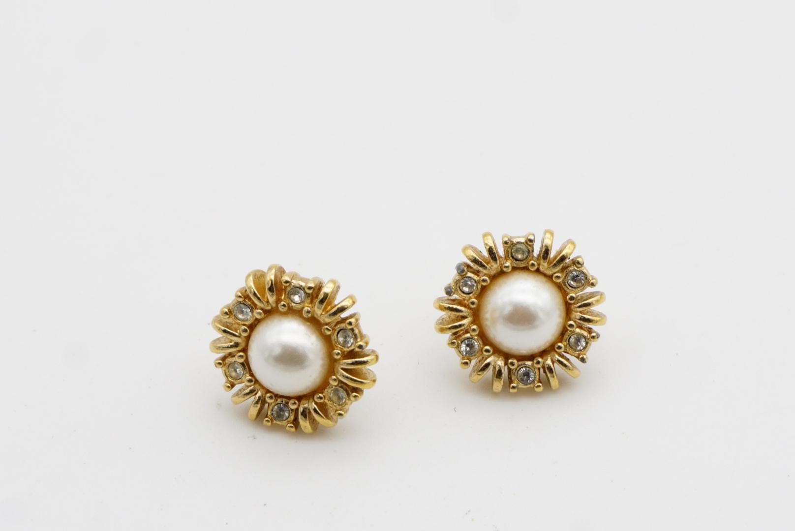 Christian Dior Vintage White Round Pearl Crystals Sunburst Gold Pierced Earrings For Sale 6