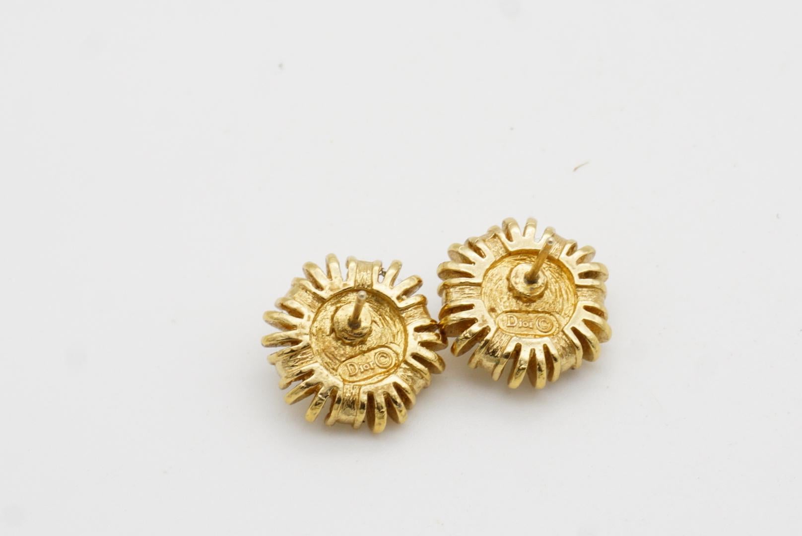 Christian Dior Vintage White Round Pearl Crystals Sunburst Gold Pierced Earrings For Sale 7