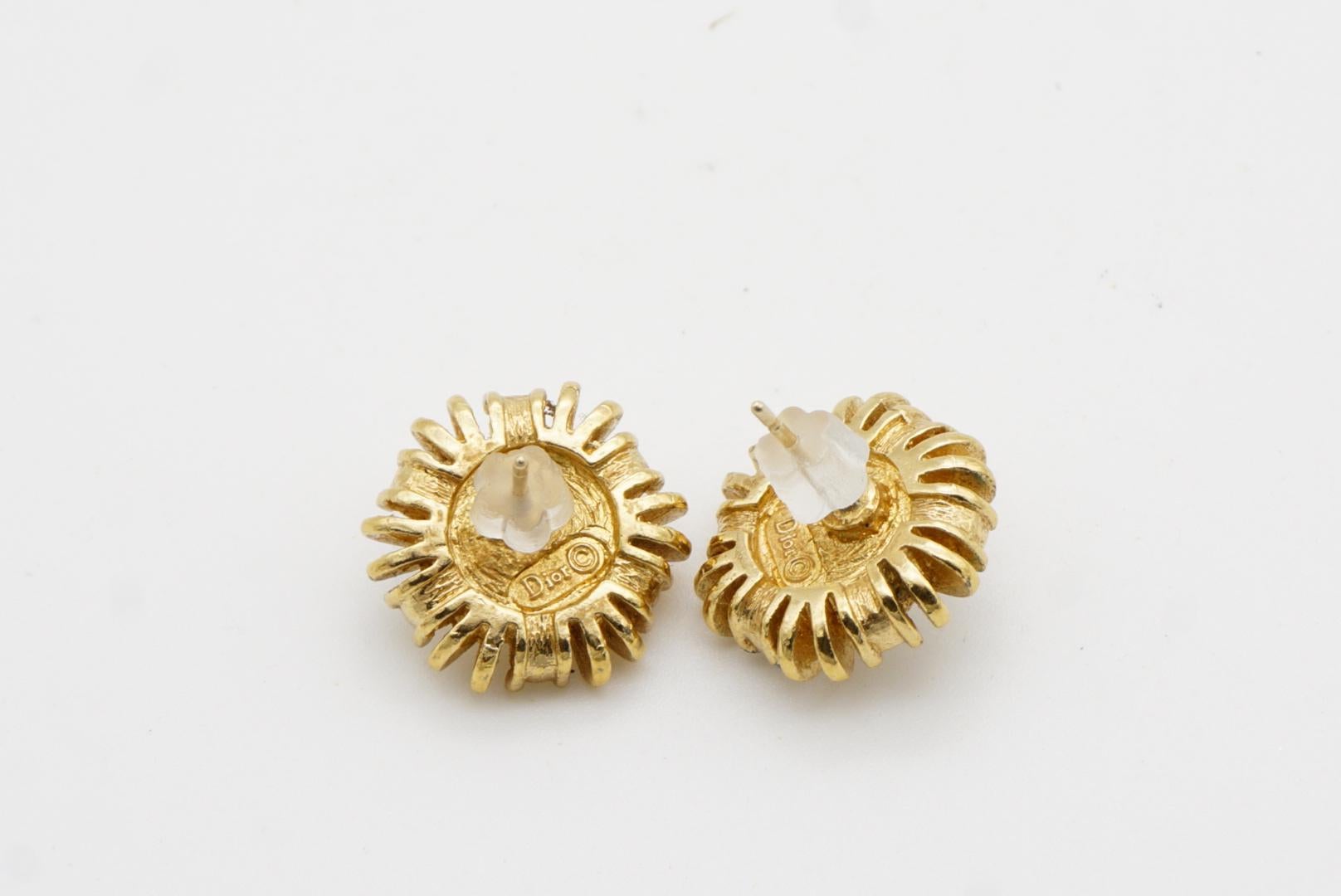 Christian Dior Vintage White Round Pearl Crystals Sunburst Gold Pierced Earrings For Sale 8