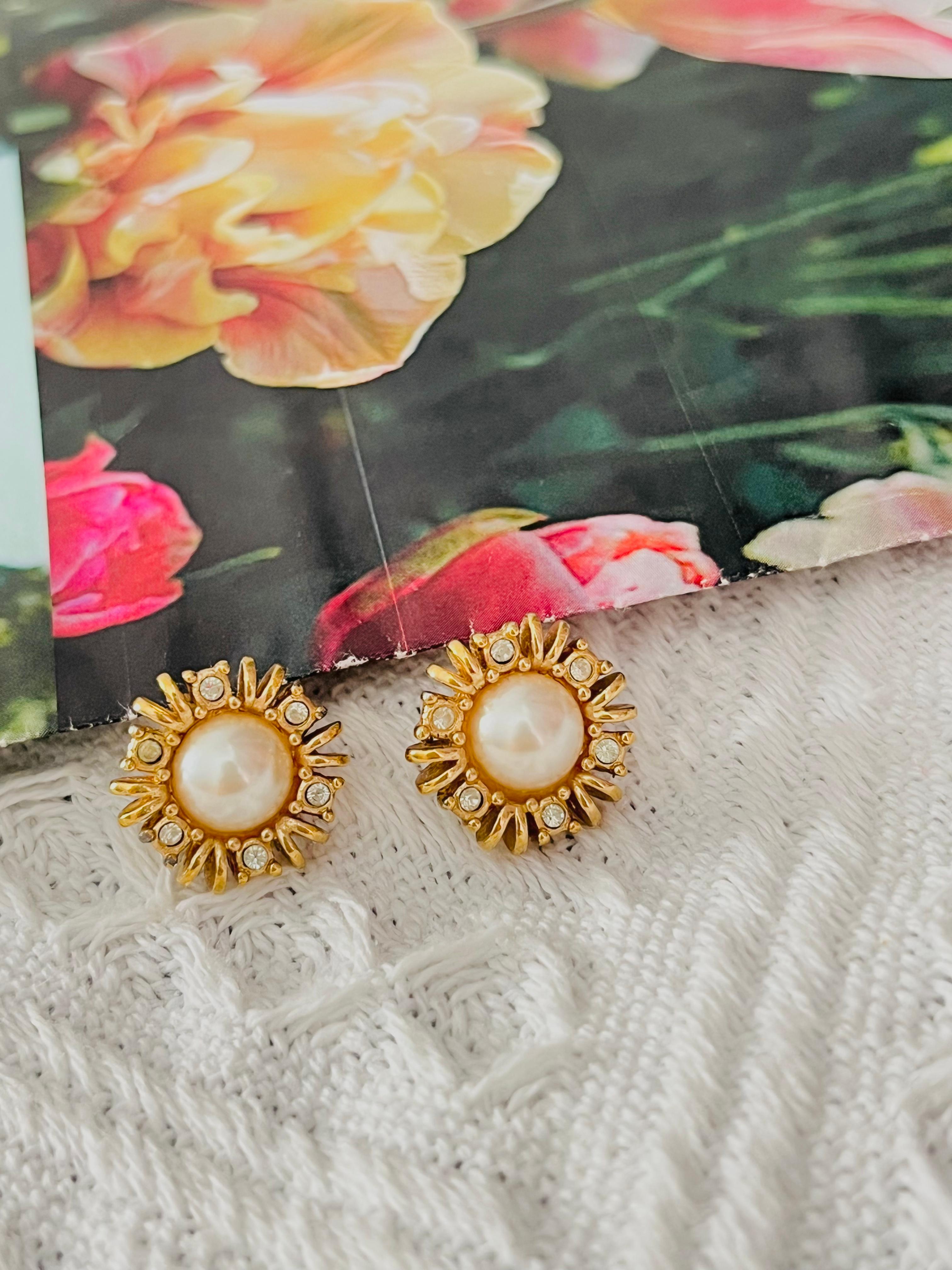 Art Deco Christian Dior Vintage White Round Pearl Crystals Sunburst Gold Pierced Earrings For Sale