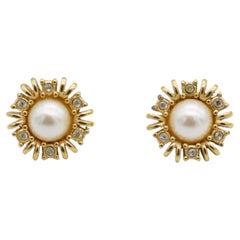 Christian Dior Vintage White Round Pearl Crystals Sunburst Gold Pierced Earrings