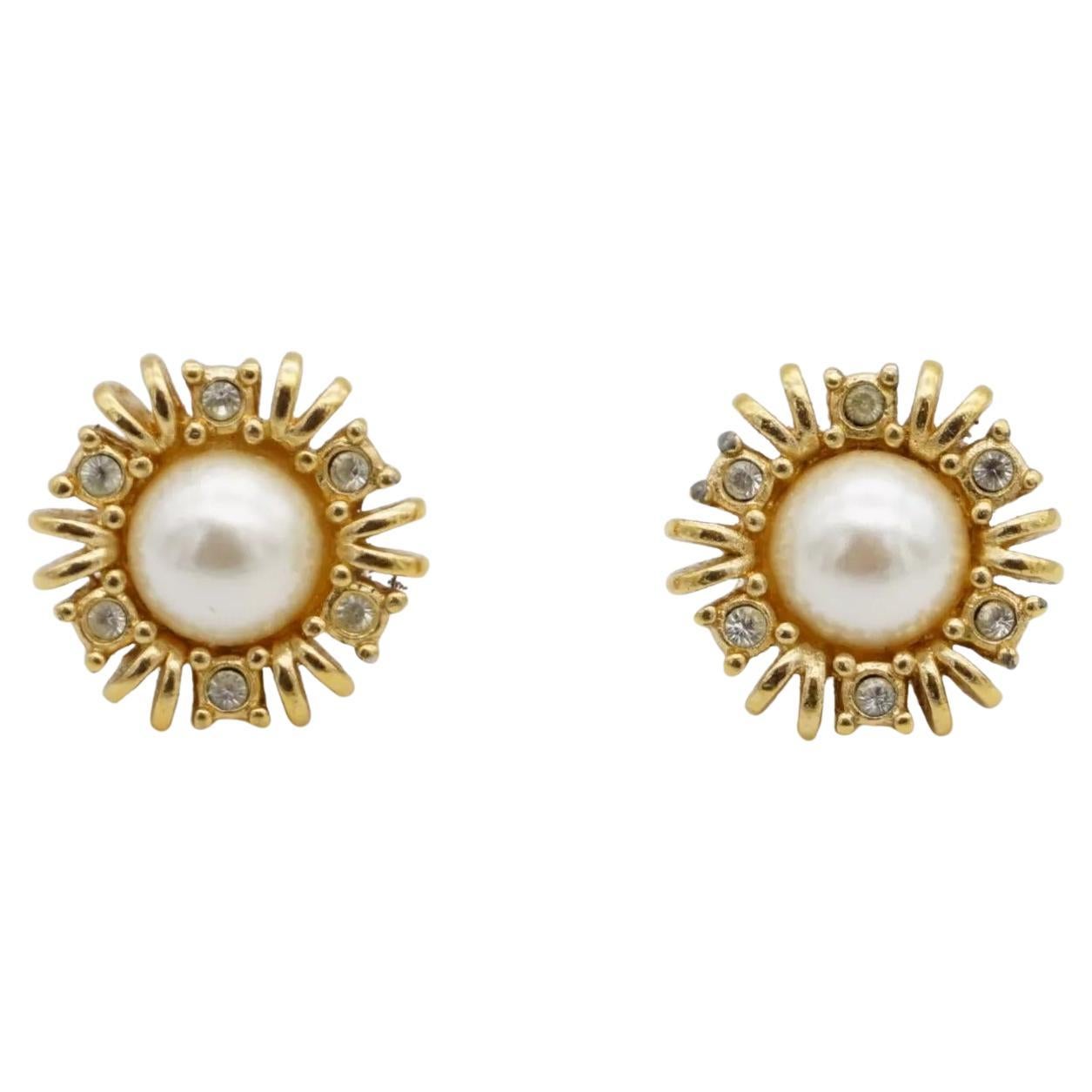 Christian Dior Vintage White Round Pearl Crystals Sunburst Gold Pierced Earrings For Sale