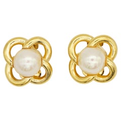 Christian Dior Vintage White Round Pearl Flower Clover Openwork Clip Earrings