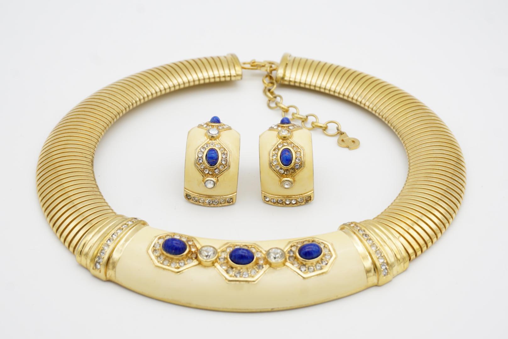 Christian Dior Vintage Amarillo Lapislázuli Cristal Amplio Collar Omega Cúpula Pendientes Set en venta 5