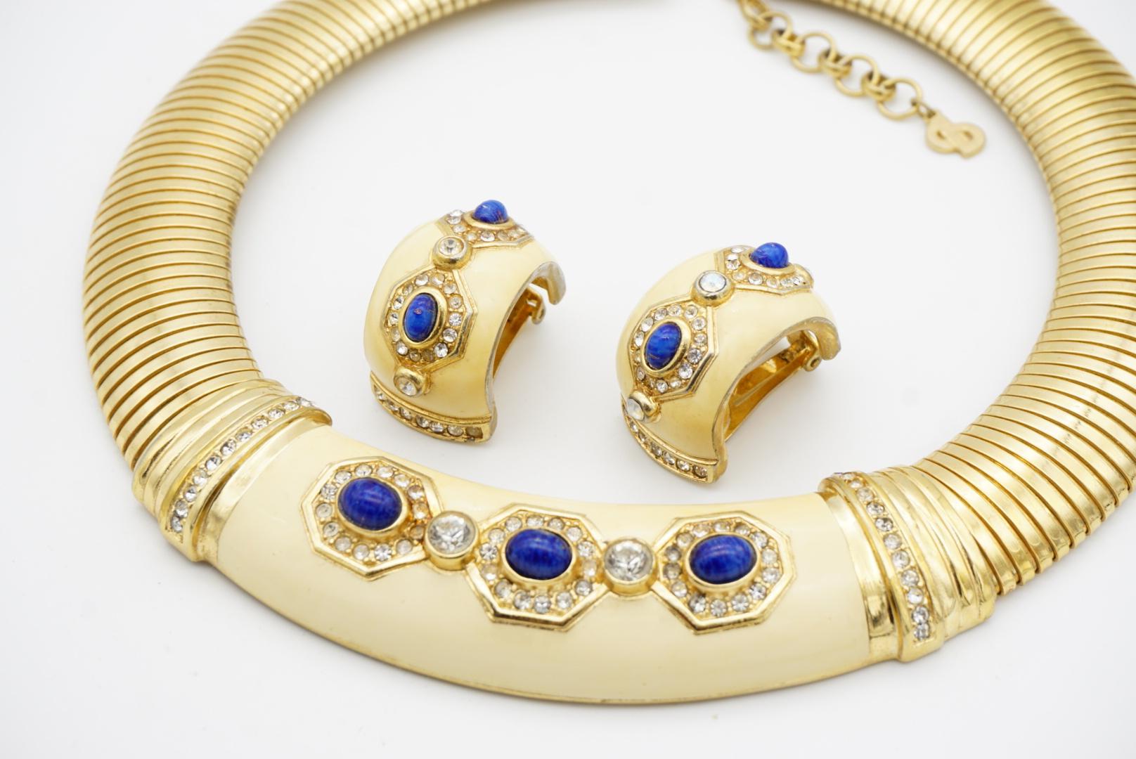 Christian Dior Vintage Amarillo Lapislázuli Cristal Amplio Collar Omega Cúpula Pendientes Set en venta 6