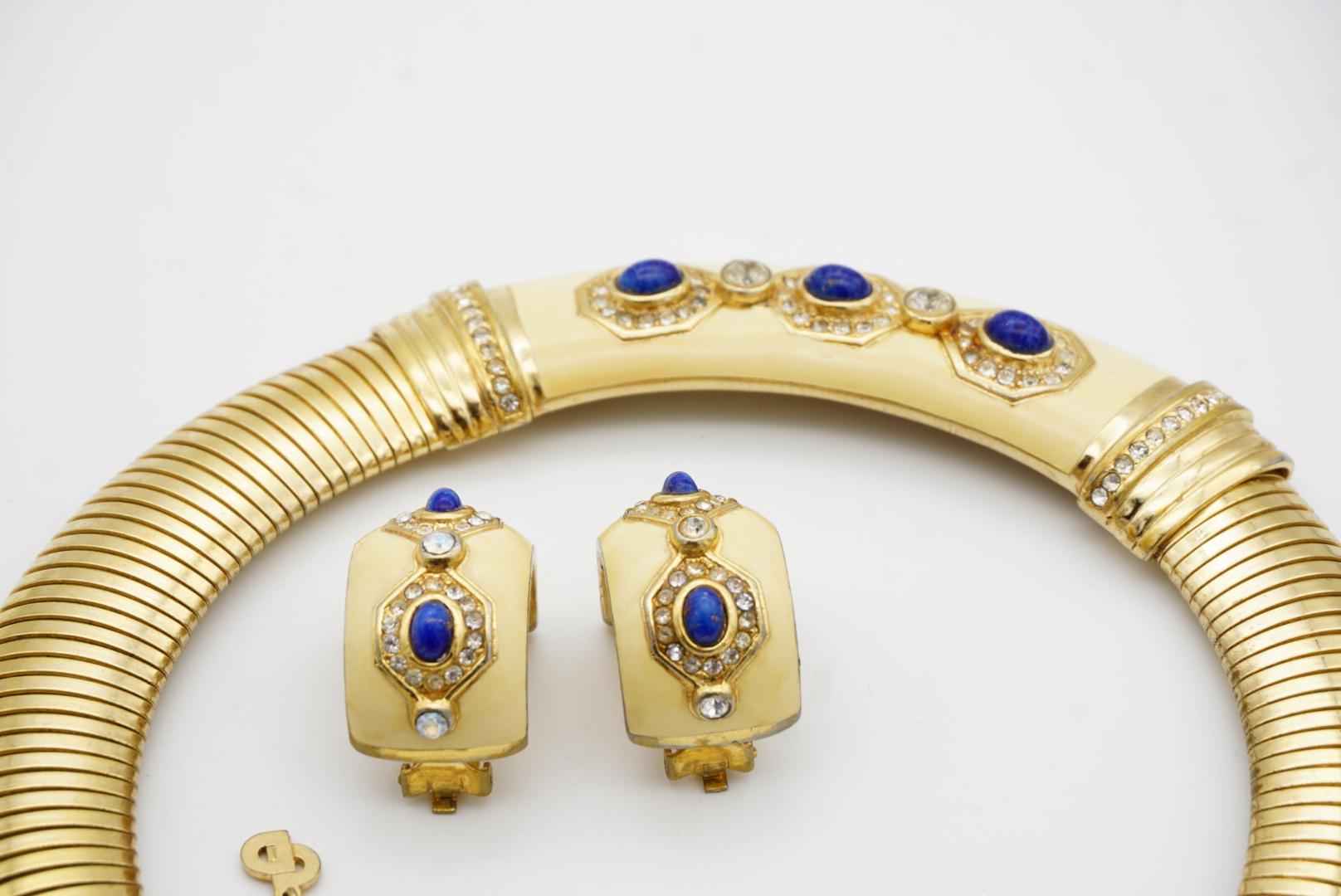 Christian Dior Vintage Amarillo Lapislázuli Cristal Amplio Collar Omega Cúpula Pendientes Set en venta 7