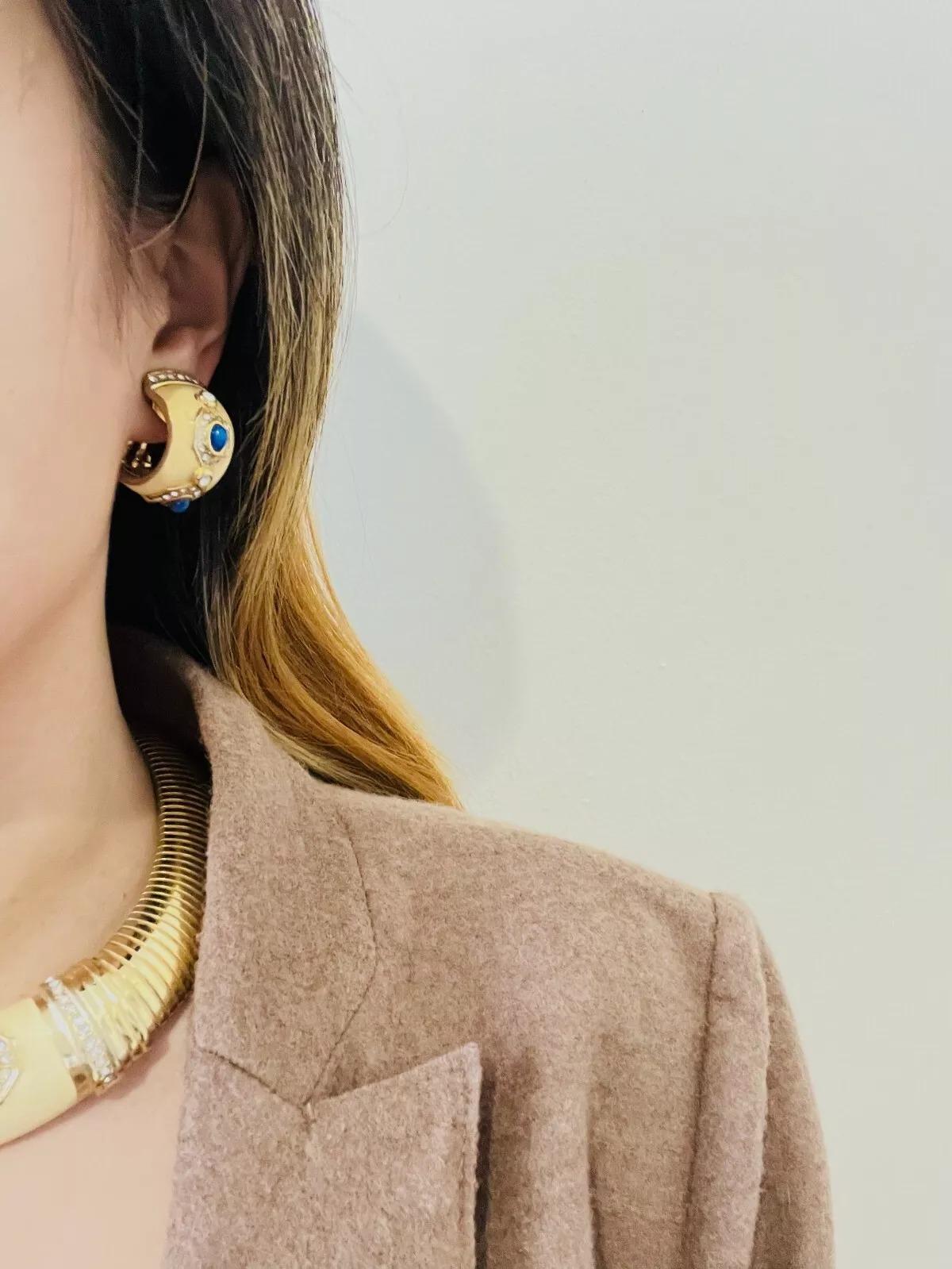 Christian Dior Vintage Amarillo Lapislázuli Cristal Amplio Collar Omega Cúpula Pendientes Set en venta 2