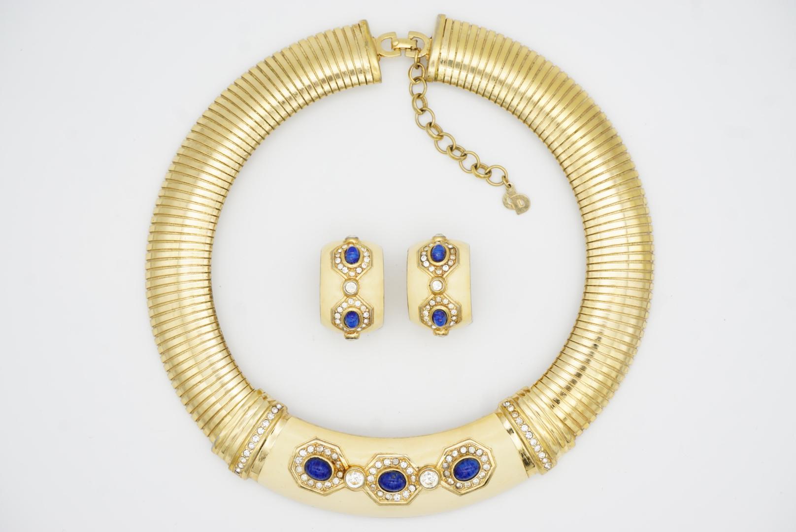 Christian Dior Vintage Amarillo Lapislázuli Cristal Amplio Collar Omega Cúpula Pendientes Set en venta 4