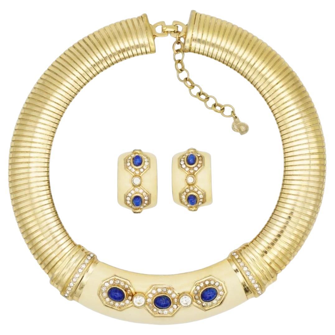 Christian Dior Vintage Gelb Lapis Kristall Breite Omega Kragen Dome Ohrringe Set im Angebot