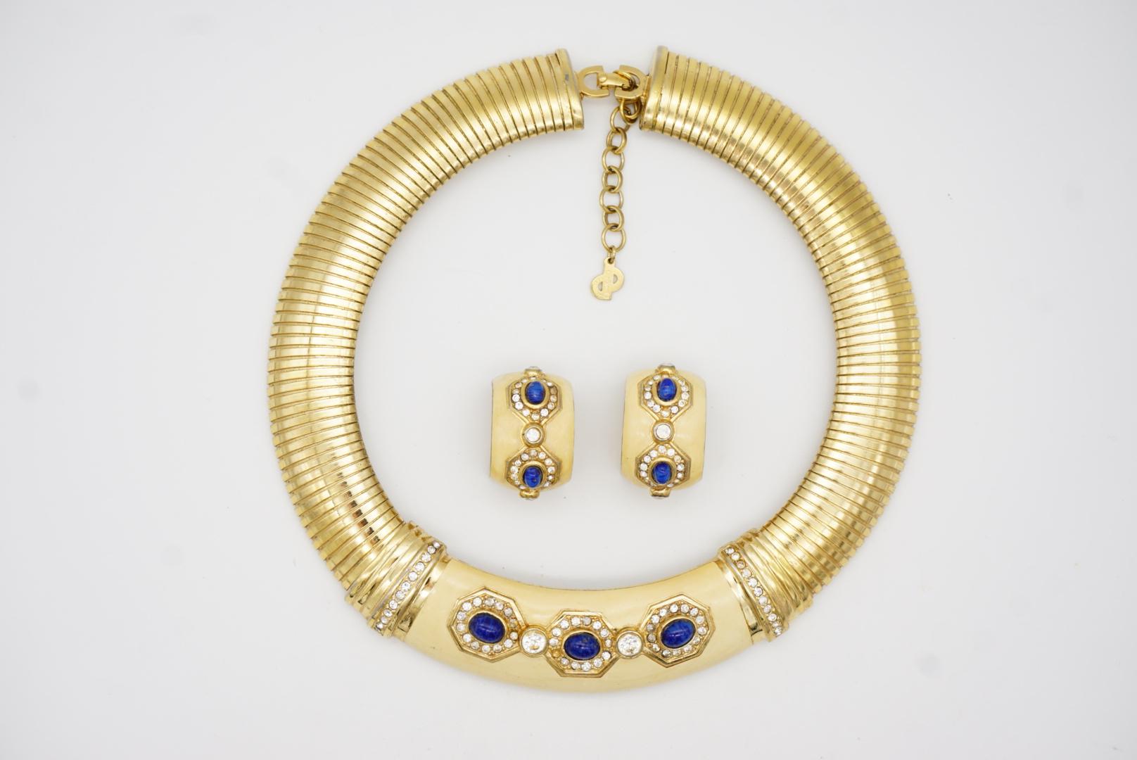 Christian Dior Vintage Yellow Lapis Oval Crystals Omega Necklace Earrings Set For Sale 2
