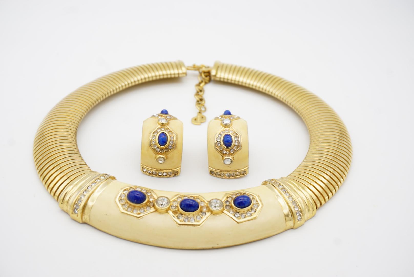 Christian Dior Vintage Yellow Lapis Oval Crystals Omega Necklace Earrings Set For Sale 3