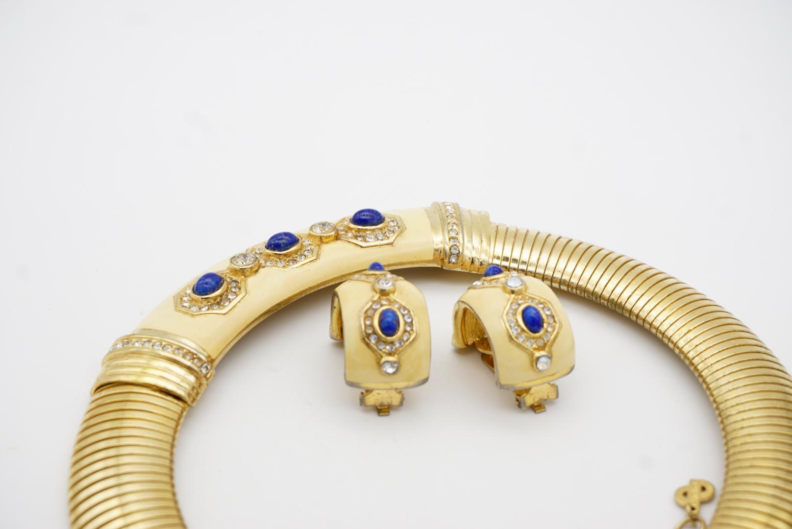 Christian Dior Vintage Yellow Lapis Oval Crystals Omega Necklace Earrings Set 7
