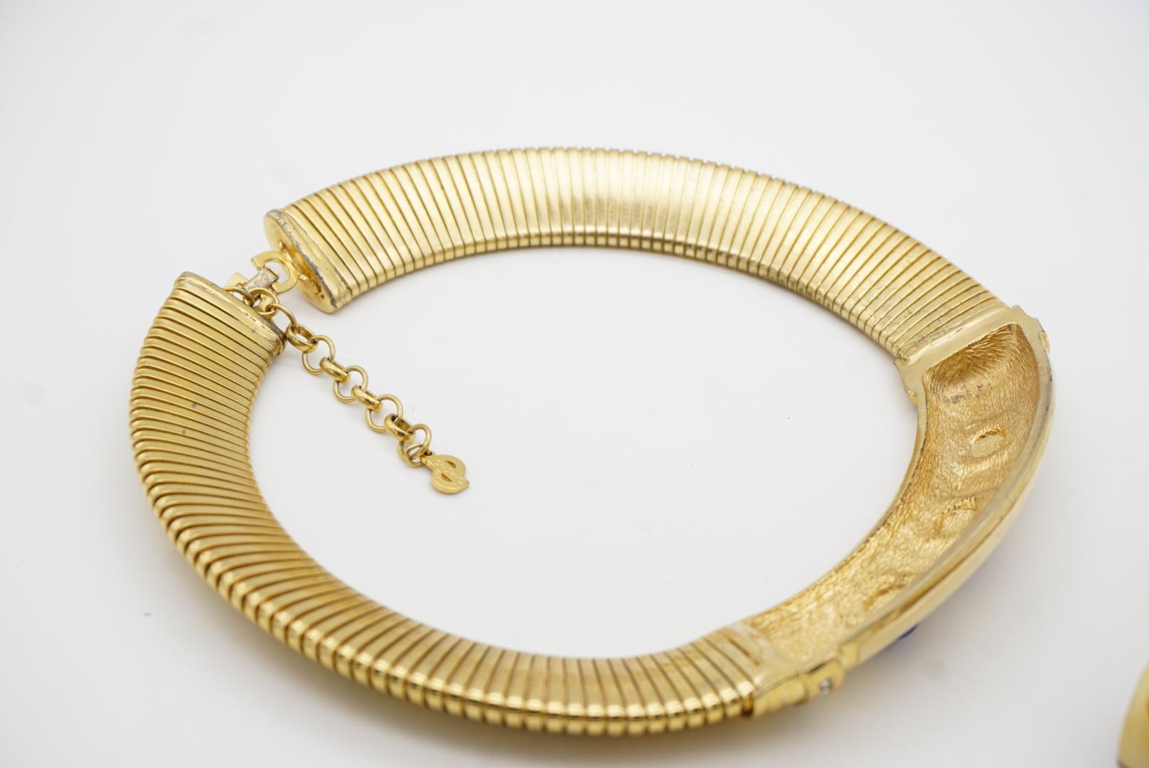 Christian Dior Vintage Yellow Lapis Oval Crystals Omega Necklace Earrings Set 8