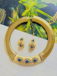Christian Dior Vintage Yellow Lapis Oval Crystals Omega Necklace Earrings Set